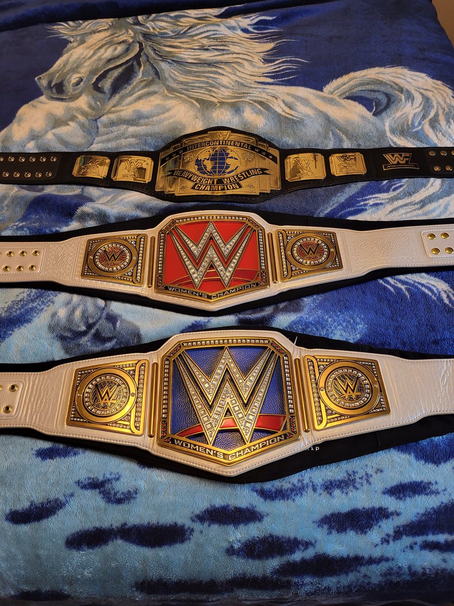 2005 #WWF IC title by Figs Inc., 2018 #RAW Women's championship by #WWE Shop and 2018 #Smackdown Women's championship by WWE Shop #wrestling #MITB #ictitle #Womenschampionship #figsinc #beltcollector #hobbies #wrestlingbelts #WrestlingTwitter