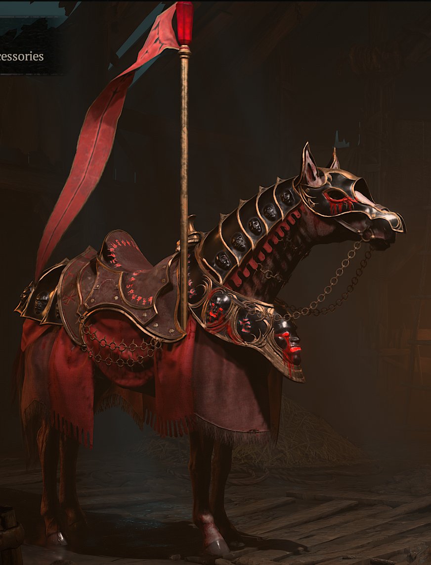 ThePolyphoni's tweet image. The amount of work to get this stuff, and for it to look so cool, PVP 100k Red Dust Horse, 85k armors, and 2 Trophies are pretty sick. @The_Poolshark and @DrLupo I was telling you about these in your chats! #DiabloIV Bloody Steed top left, Blood and Demonic armor with trophies.