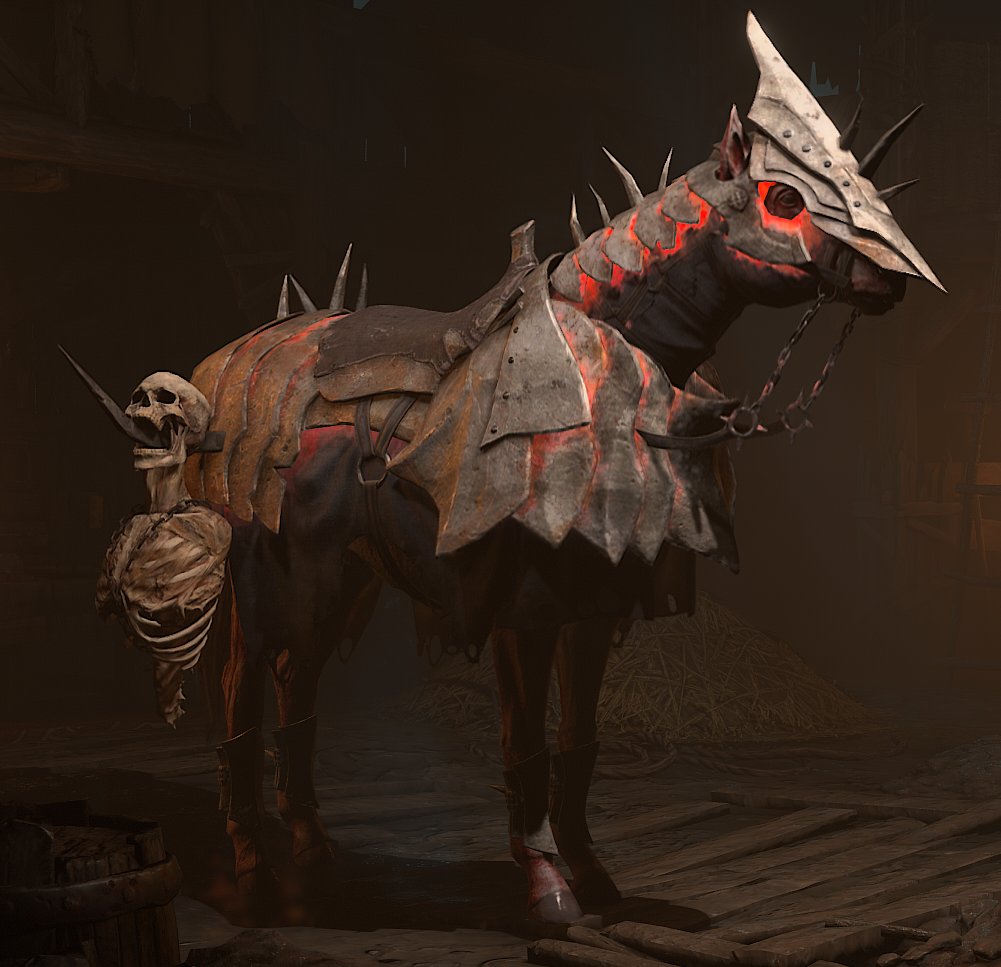 ThePolyphoni's tweet image. The amount of work to get this stuff, and for it to look so cool, PVP 100k Red Dust Horse, 85k armors, and 2 Trophies are pretty sick. @The_Poolshark and @DrLupo I was telling you about these in your chats! #DiabloIV Bloody Steed top left, Blood and Demonic armor with trophies.