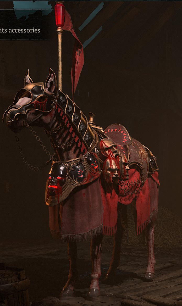 ThePolyphoni's tweet image. The amount of work to get this stuff, and for it to look so cool, PVP 100k Red Dust Horse, 85k armors, and 2 Trophies are pretty sick. @The_Poolshark and @DrLupo I was telling you about these in your chats! #DiabloIV Bloody Steed top left, Blood and Demonic armor with trophies.