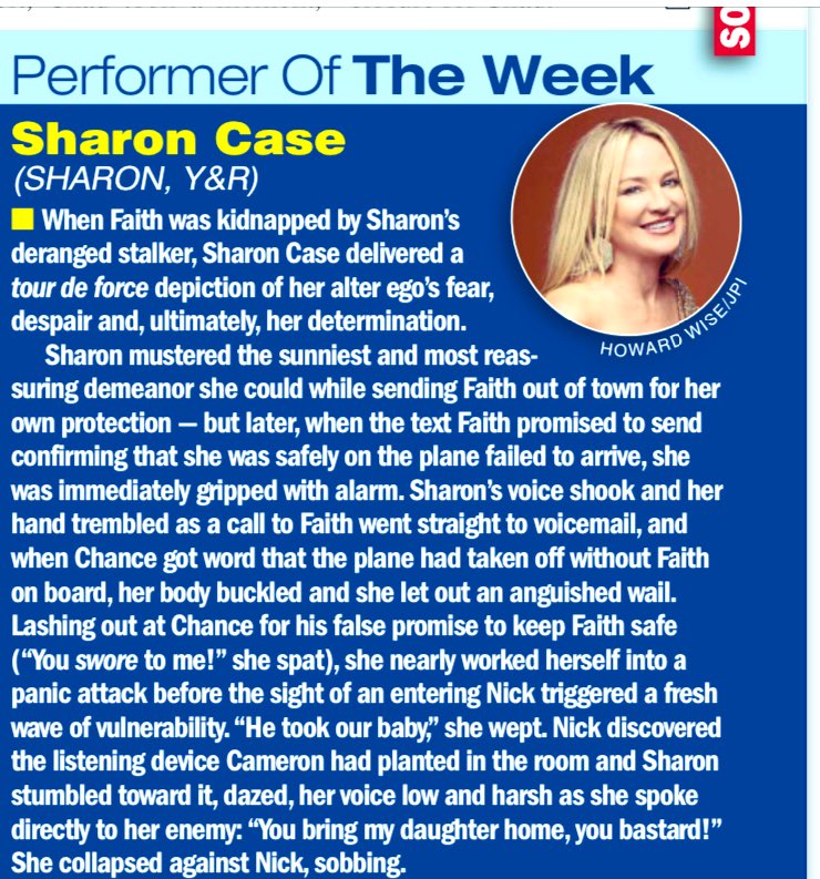 Bravo @sharonlcase for being named 'Performer of the Week' in the latest issue of @SoapDigest ! #YR