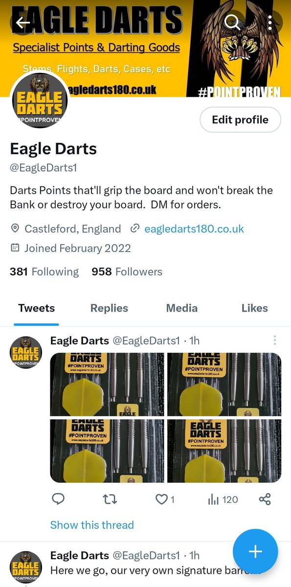 EagleDarts1's tweet photo. Come on, let's get to 1000 followers. If we do before the final of this years @OfficialPDC World Matchplay, however many 180s ard hit in final, we'll give that many sets of our Signature Points away in a mega giveaway. https://t.co/JIg5zfMu1w