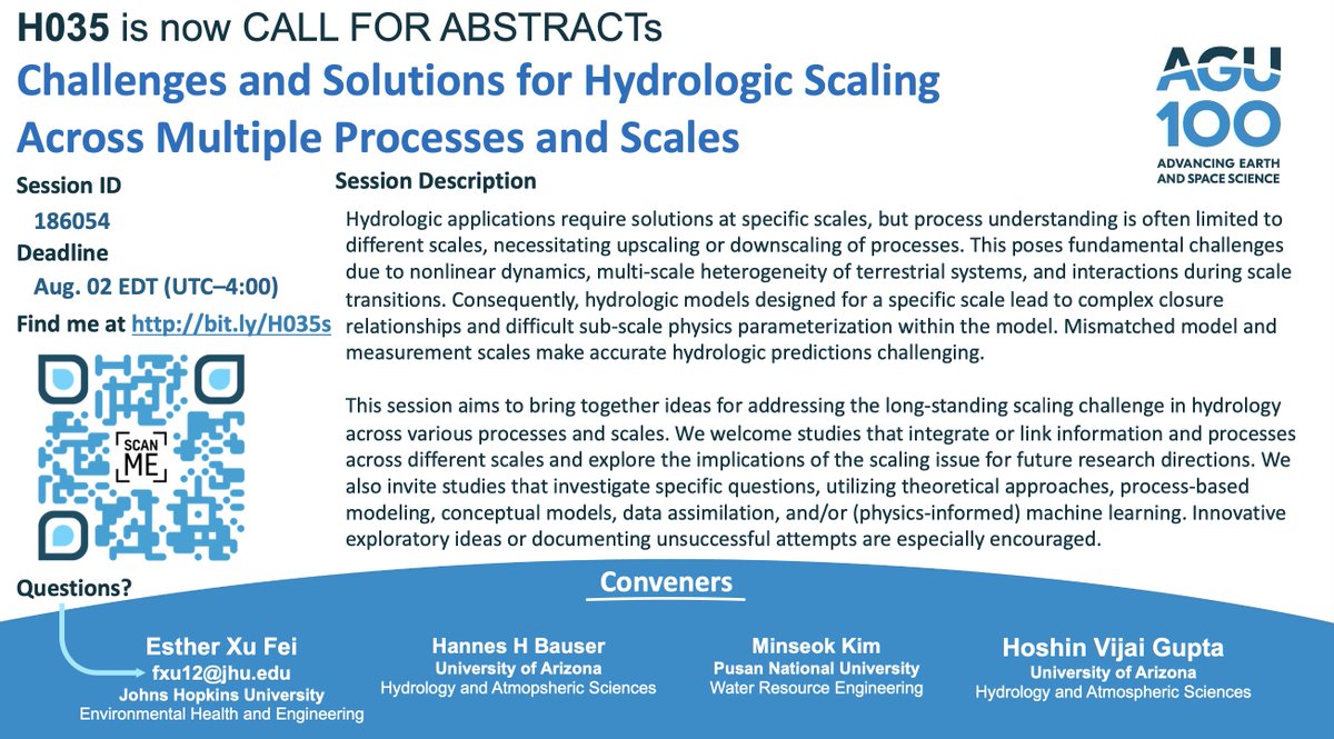esther_fei's tweet photo. 💧Exciting News HYDROLOGIEs🌊
Join us at #AGU23 by submitting an abstract (!!) to session H035! Let's explore cutting-edge research and engage in discussions on tackling hydrologic scaling complexities! @IIminseokII 
#Hydrology #CatchmentScience #CUAHSI #AGU https://t.co/zLx4Nd93dL
