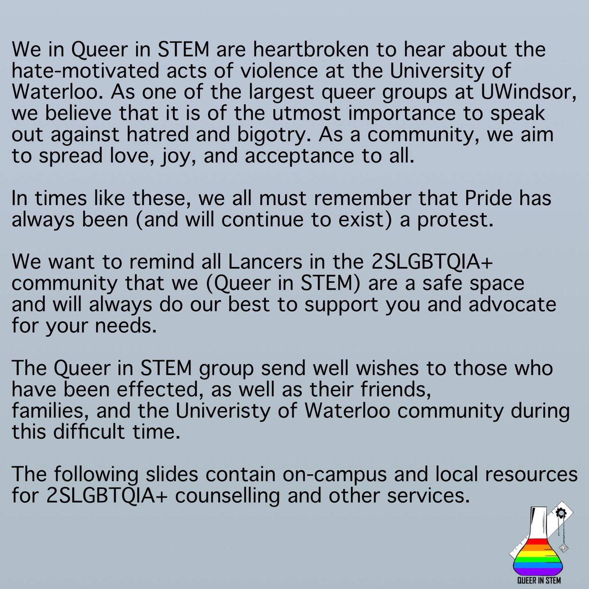 queerinstem21's tweet photo. We are sending well wishes to those who have been effected by the hate-motivated acts of violence at the University of Waterloo. 

The following thread consists of on-campus and local resources for 2SLGBTQIA+ students and youth in Windsor. https://t.co/IZnDkneAtE