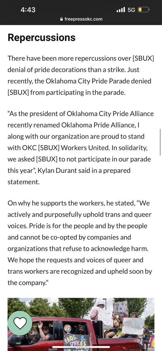 We want to thank @okcpridefest @kldurant for their amazing support of Starbucks union workers by asking Starbucks to not participate in the Oklahoma City Pride Parade this year. #StrikeWithPride