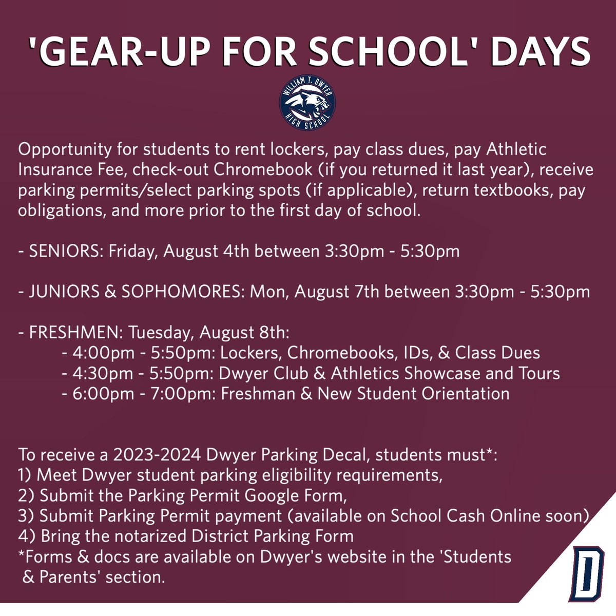 Save the dates for our 'Gear-Up for School Days'! - These days are optional, & all of the items will be available to students when school begins. - To receive a parking permit, students must meet eligibility reqs, & complete the req forms (Parking info & forms link is in our bio)