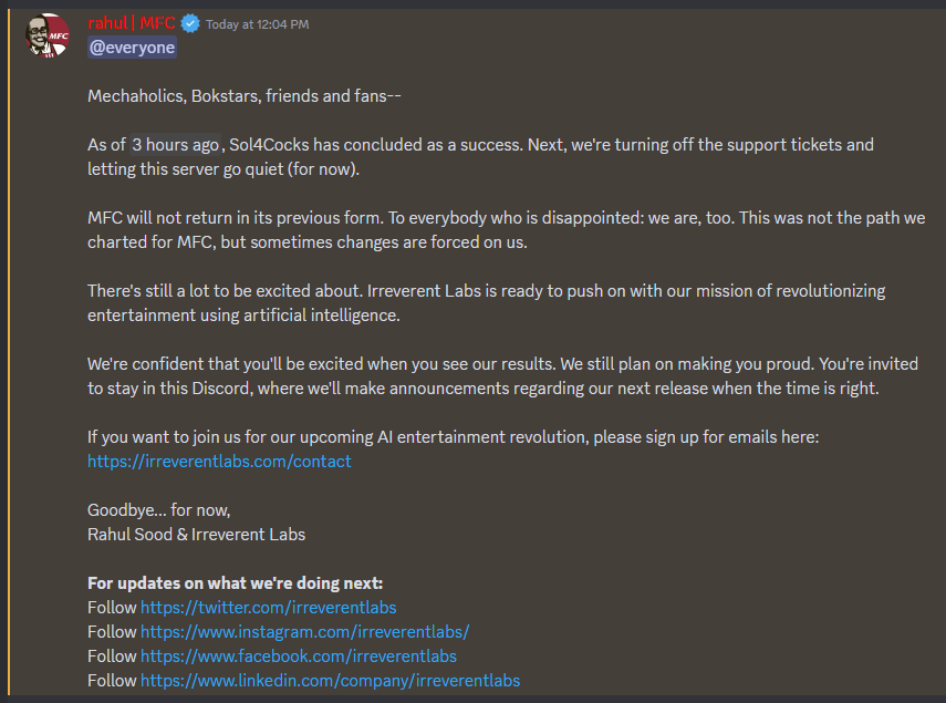 JoeBugBuster's tweet photo. This afternoon @mechafightclub posted this update on their Discord. @Lesliestefanhen and my other #mechabots will miss the #Mechaholics, but I appreciate how @rahulsood and @IrreverentLabs have wound things down with class. interesting things will no-doubt follow. https://t.co/OJfPxpcopu