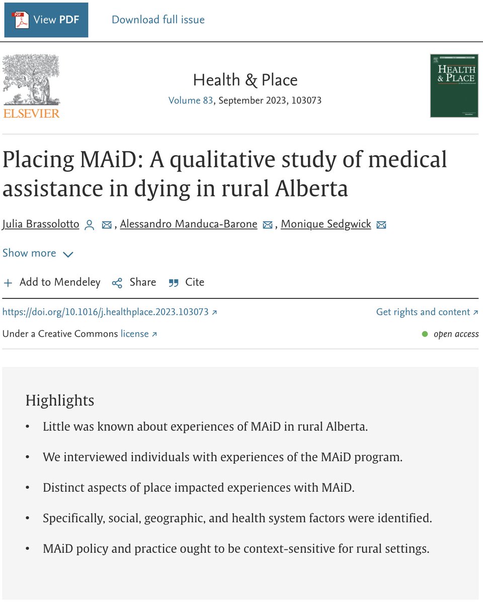 Our new open-access article "Placing MAiD: A qualitative study of medical assistance in dying in rural Alberta" explores the significance of place and rurality for experiences with MAiD. Read more here: sciencedirect.com/science/articl…