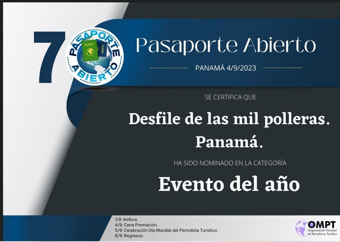 Desfile de las Mil Polleras es nominado nuevamente como Evento Turístico del Año.

Compite con: Date 2023 de Rep Dominicana, 5to Festival Gastronómico Caicara São Sebastião y Festival de São João en Brasil.
Vamos con todo.!!!

<a href="/ATP_panama/">Autoridad de Turismo de Panamá</a> <a href="/promtur_panama/">PROMTUR PANAMA</a> <a href="/PanamaCamtur/">Camtur Camara Nacional de Turismo.</a> 
#Panamá