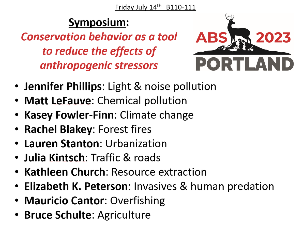 AnimBehSociety's tweet photo. ABS 2023 ANNOUNCEMENT: On July 14th, the symposium “Conservation behavior as a tool to reduce the effects of anthropogenic stressors” will discuss the risks of anthropogenic stressors and illustrate the challenges of using conservation behavior to reduce these impacts. #ABS2023 https://t.co/8yiTgayzsE