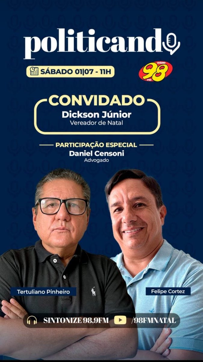 Amanhã dia 01/07/2023 O programa politicando na <a href="/98FMNatal/">98 FM Natal</a> com os melhores <a href="/tertulianop/">Tertuliano Pinheiro</a> <a href="/felipecortezadv/">Felipe Cortez</a> imperdível