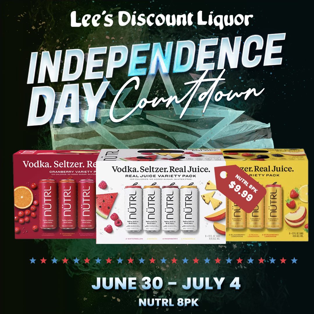 Give your #IndependenceDay some extra sparkle with $9.99 @Nutrl_USA variety 8pks! Offer valid <a href="/LeesDiscountLiq/">Lees Discount Liquor</a> from 6/30-7/4. 

#Nutrl #Nütrl #LeesDiscountLiquor #NevadaBeverage