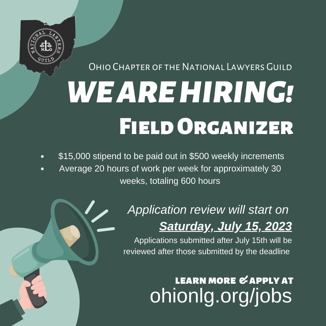 OhioNLG's tweet photo. 🚨WE'RE HIRING🚨

The Ohio Chapter of the National Lawyers Guild Executive Committee seeks a Field Organizer for immediate organizational, infrastructure, and membership building across Ohio.  

To learn more &amp; apply, visit https://t.co/5gIfBDYB8r! https://t.co/frhfPBwDjT