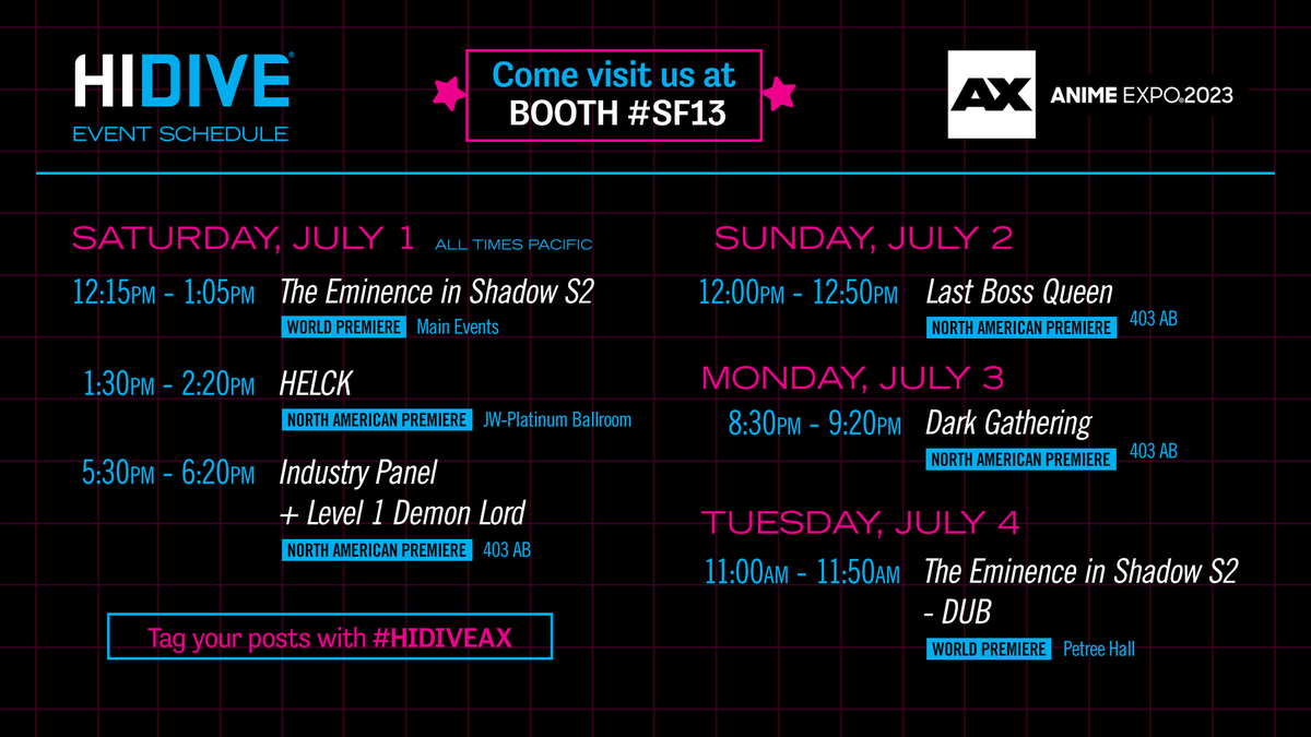 HIDIVEofficial's tweet photo. One more day until @AnimeExpo ! We hope to see you at our events this weekend 😊 #AnimeExpo2023 #HIDIVEAX
Read more about our events➡️: https://t.co/viLkCJN7SX https://t.co/MtciOWQvFv