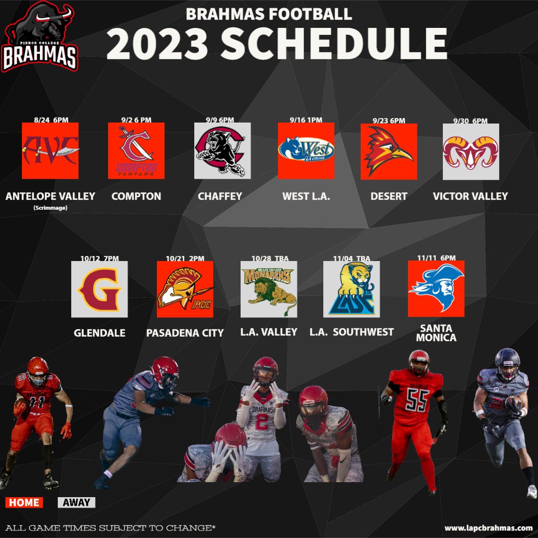 Time to dust off the jerseys 🔥and support our Brahmas. The football schedule is here. 🙌🏽

#lapierce #lapiercecollege #lapc #piercecollege #sfv #sfvalley #lapcfb #piercefootball #football