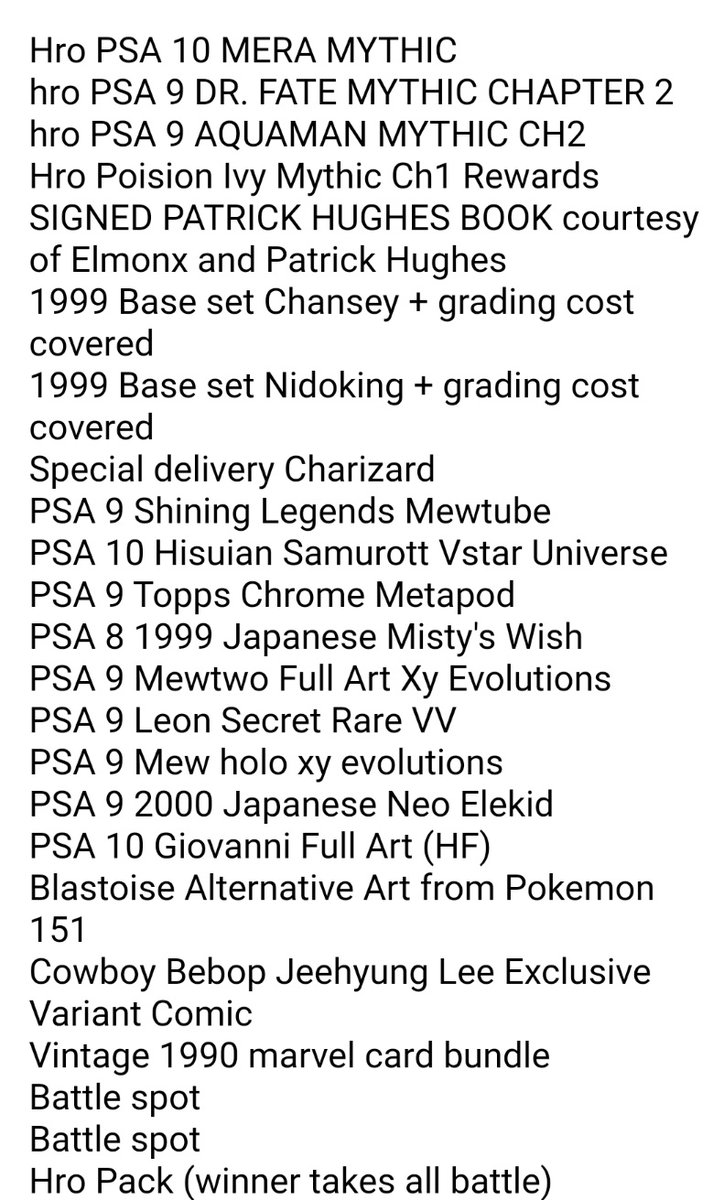 KobeCollects's tweet photo. CLICK PICTURE FOR THE FULL LIST OF GIVEAWAYS!! 

PSA 10 @hro mythics and booster packs, PSA 10 Pokemon Cards and Booster Packs, Comics, SIGNED #PatrickHughes and
77 total giveaways going down on tomorrow's Prize LIVE STREAM 

#pokemon #hro #comics #dccomics #collectibles https://t.co/0d9Bm0z6U9