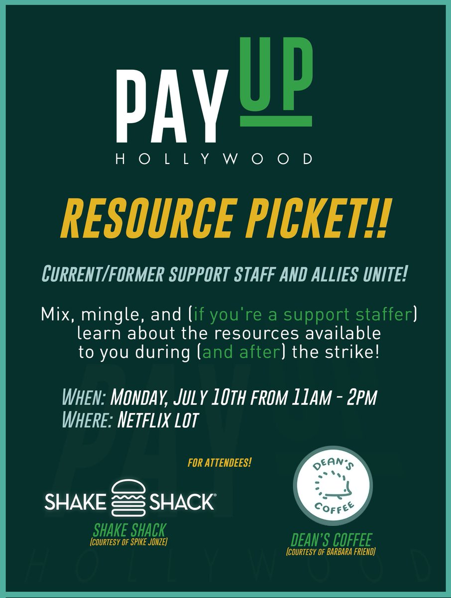 Current & former support staff, join us for the first #PayUpHollywood 'resource picket'! 

When the coffee is provided by Barbara Friend and the Shake Shack donated by Spike Jonze, you know it's gonna be good! Writers and assistants alike, come out to #SupportOurSupportStaffs!