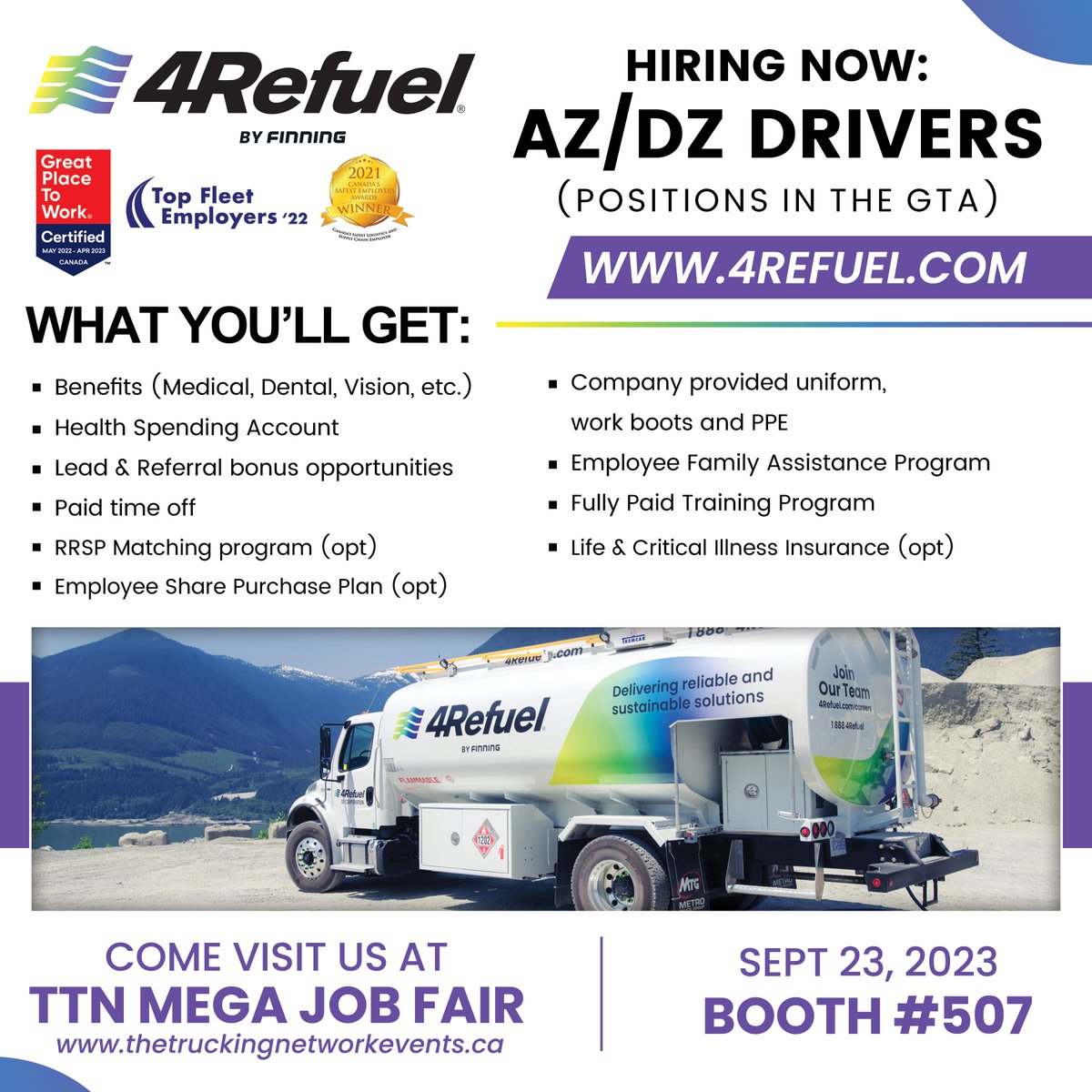 TTNDailyTweets's tweet image. Join 4Refuel at TTN Mega Job Fair, Pearson Convention Centre, Brampton on Sep 23, 2023. Unlock GTA opportunities and enjoy comprehensive benefits. Don't miss fully paid Training for AZ/DZ drivers! Explore now! #4RefuelHiring #GTAOpportunities #PaidTraining  #TTNMegaJobFair