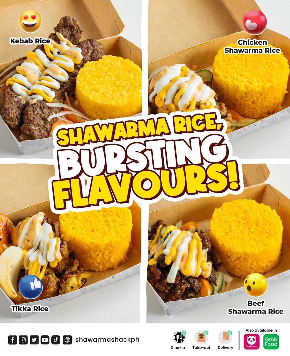 Ready ka na sa ultimate rice meal experience? Shawarma Rice Bursting Flavours! 😋 

Tag mo na ang tropa mo at magorder na ng Shawarma Shack Rice Box  

#ShawarmaShack 
#HaveARiceDay 
#Buy1Take1Forever 
#MasMasayaPagDalawa