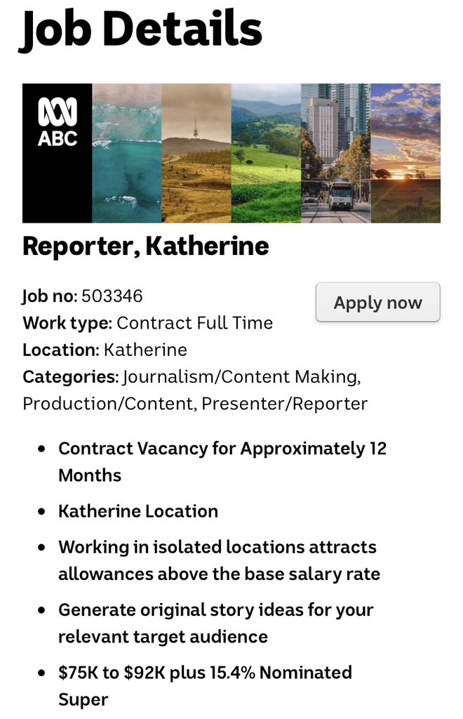 Cracking job going in a beautiful patch. More details here: careers.abc.net.au/caw/en/job/503…