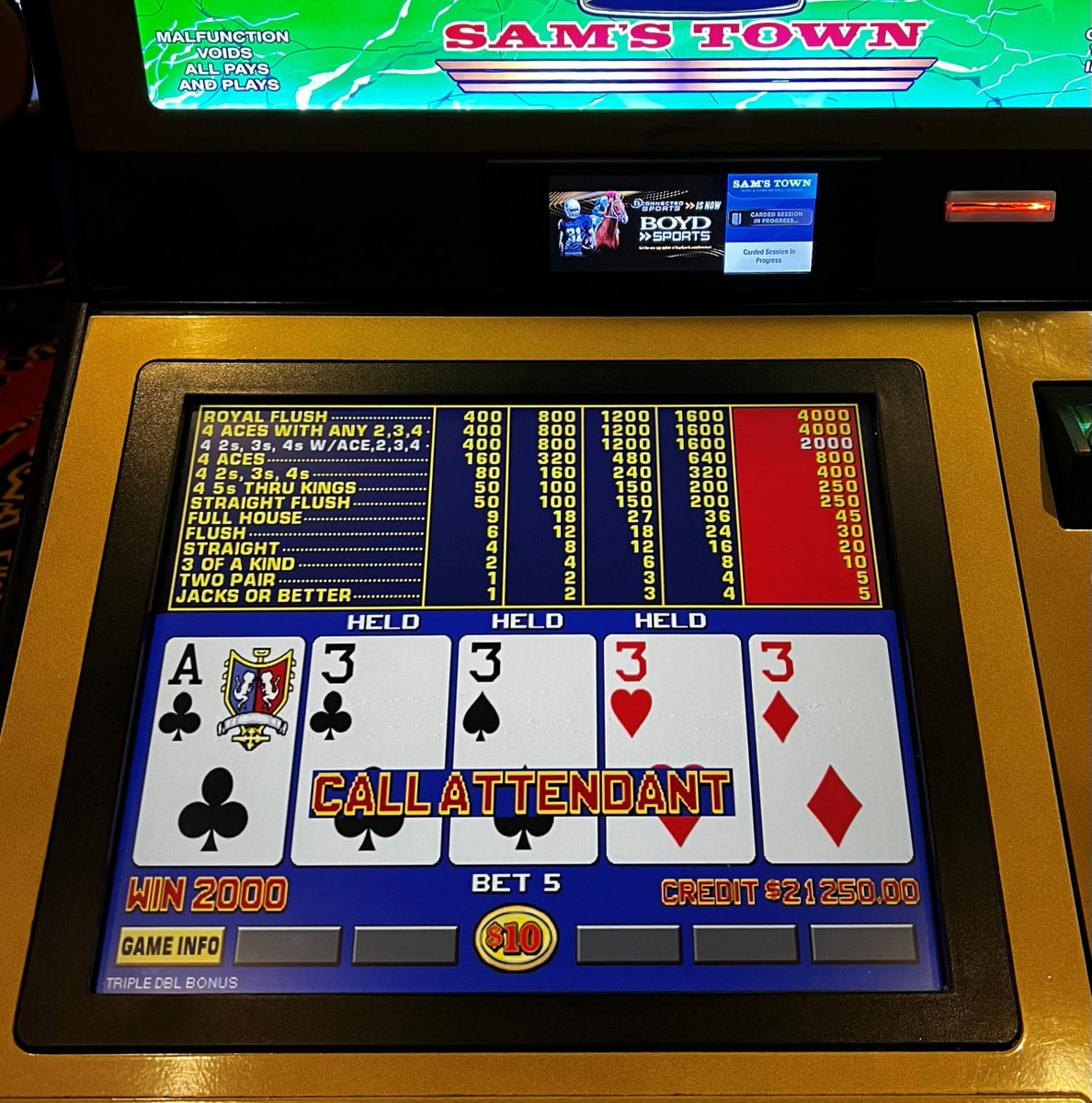 samstownlv's tweet photo. A windfall struck again with a $20,000 Jackpot for this lucky guest! Betting $50 on a $10 denom game, hitting 4 3’S with a kicker!

This is their second win this week! Congratulations! https://t.co/wYtQjZz6fC