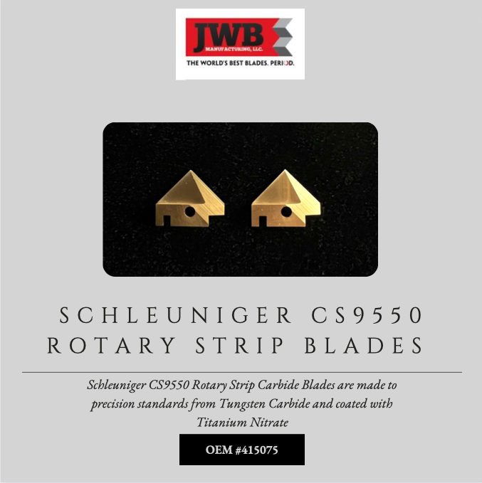 Purchase Today 🎉 Schleuniger CS9550 Rotary Strip Carbide Blades are made to precision standards from Tungsten Carbide and coated with Titanium Nitrate.

This product sells in a set of 2 blades w/Titanium Coating. OEM #415075

Purchase Link:
bit.ly/9550JWB