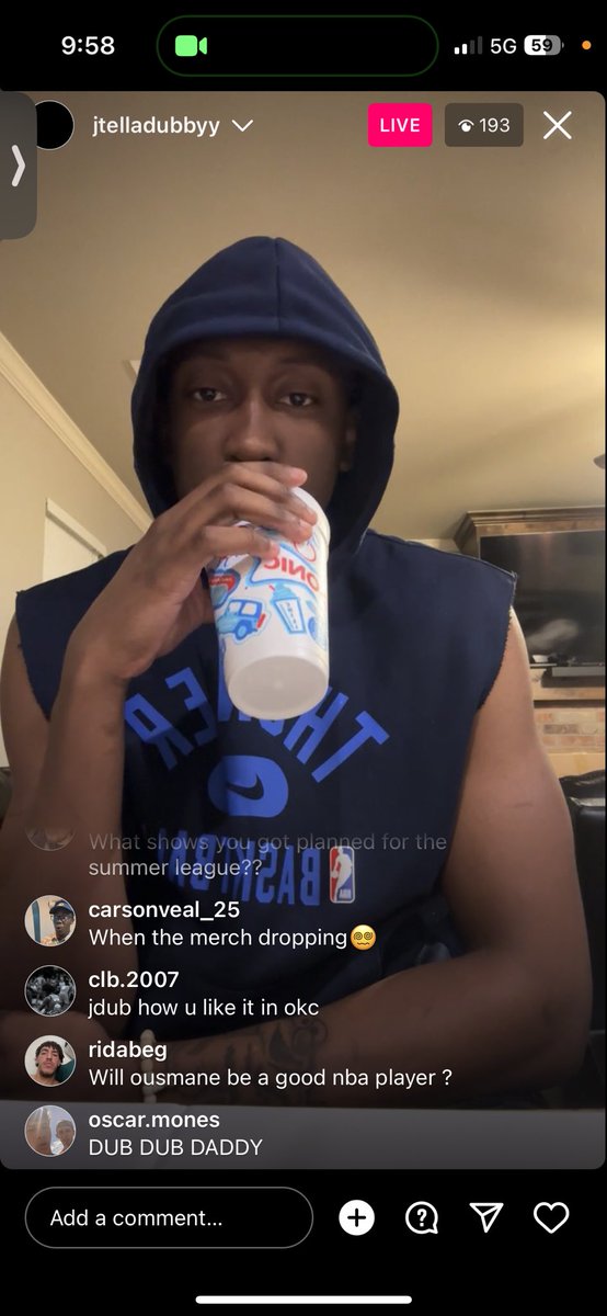 Like a true Okie, Jalen Williams is drinking Sonic on a Friday night on his Instagram live.