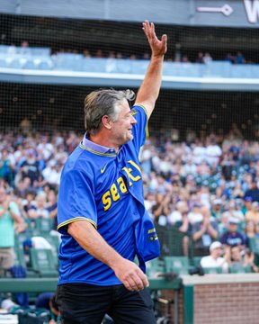 Former Mariners pitcher, Jamie Moyer, waves to the crowd before throwing out tonight's first pitch.