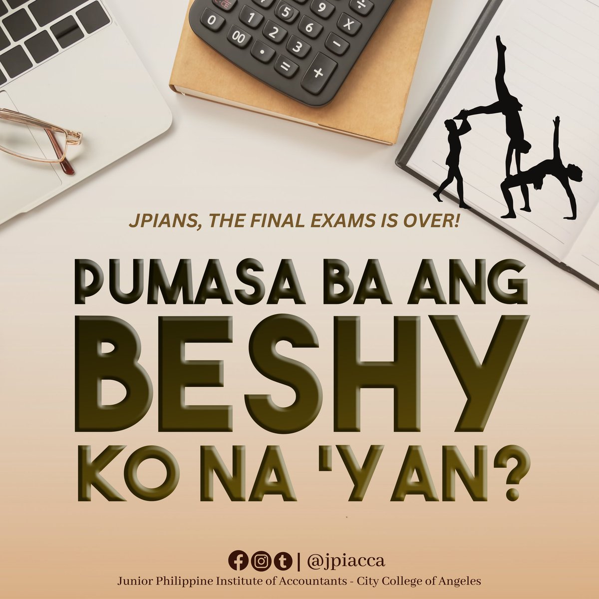 jpiacca's tweet photo. Pumasa 🤸🏻‍♀️ ba 🤸🏻‍♀️ ang 🤸🏻‍♀️ beshy 🤸🏻‍♀️ ko 🤸🏻‍♀️ na 🤸🏻‍♀️ 'yan?🤸🏻‍♀️  

JPIANs, kumusta ang final examinations? We hope that we all did great! 

Mazel Tov to each and everyone for giving your best to survive the semester and the whole academic year. Padayon, future CPAs! Luid kayu, JPIANs! https://t.co/UUBpqlzFCk