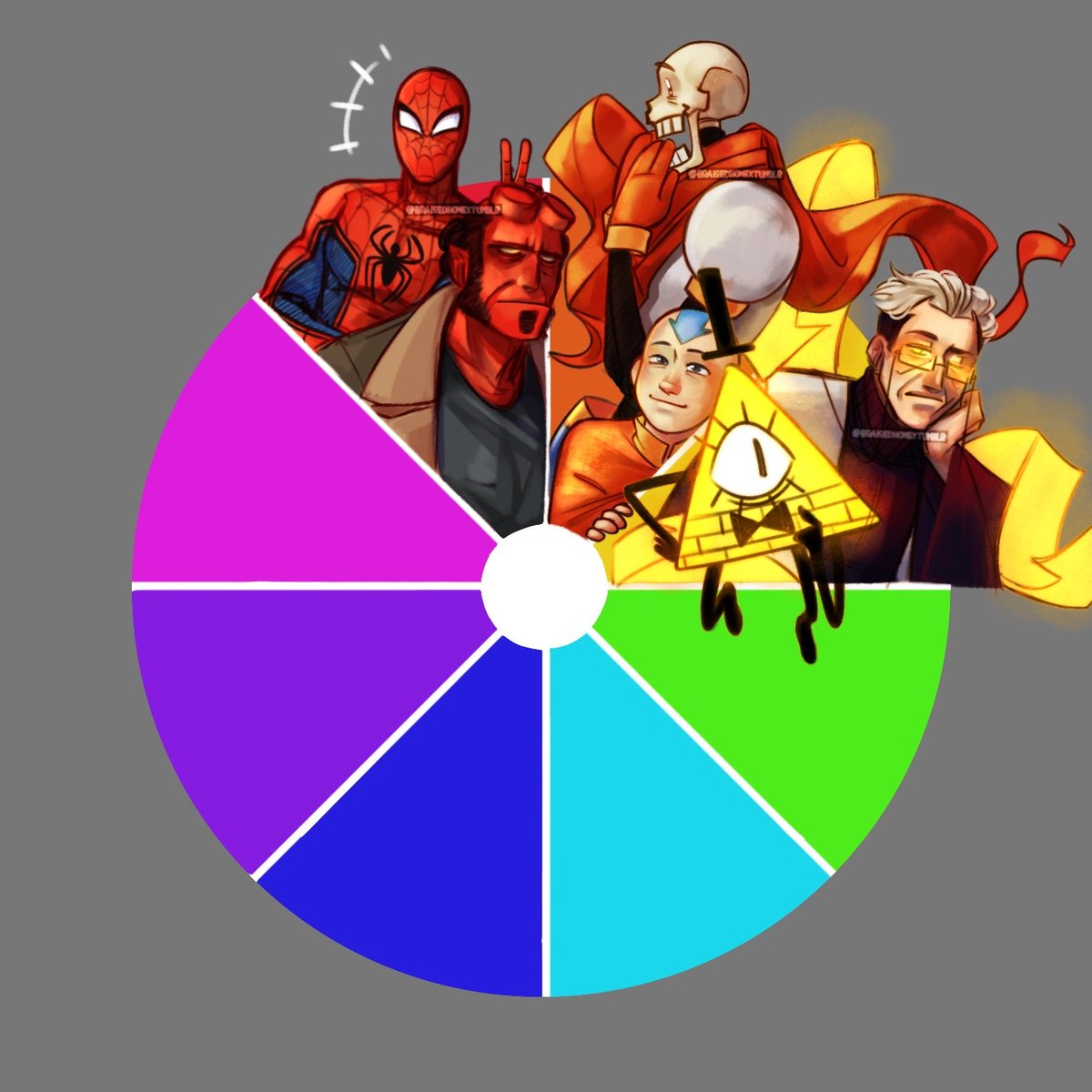 TWO COLOR WEDGE GO! orange got aang and papyrus, aang from tumblr and paps from here.

narry was inevitably going to be in the yellow slot, so i figured i might as well just do it in advance.  someone on tumblr put bill, so bam! 

anyone up for green? 

#colorwheelchallenge