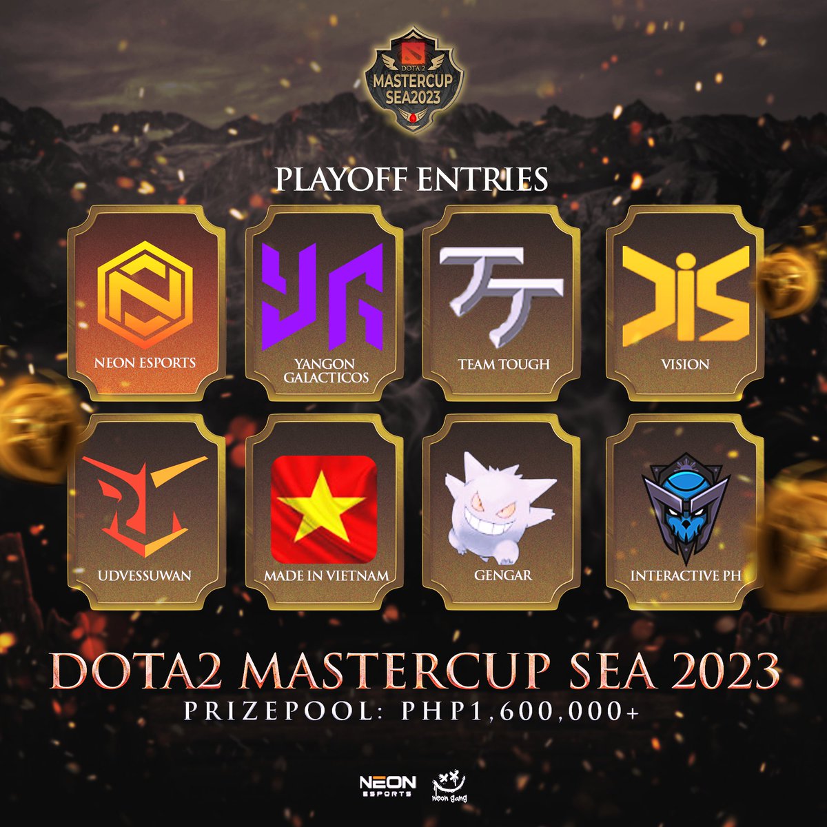 Happy to announce our participation in #Dota2 Mastercup SEA 2023! 8 teams in a double eliminations tournament with LAN Finals in Pavilion Bukit Jalil, Malaysia!  Hope to see you there 😉

#NeonGang