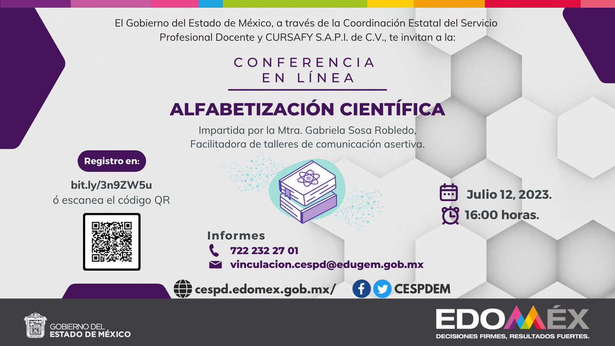 CESPDEM's tweet photo. La @CESPDEM y @cursafy te invitan a la conferencia en línea: "Alfabetización científica", que será impartida por la Mtra. Gabriela Sosa Robledo, el próximo miércoles 12 de julio de 16:00 a 17:00 hrs. 
Regístrate en https://t.co/2WFdAqkYJY. https://t.co/Eu8yRdZmsq
