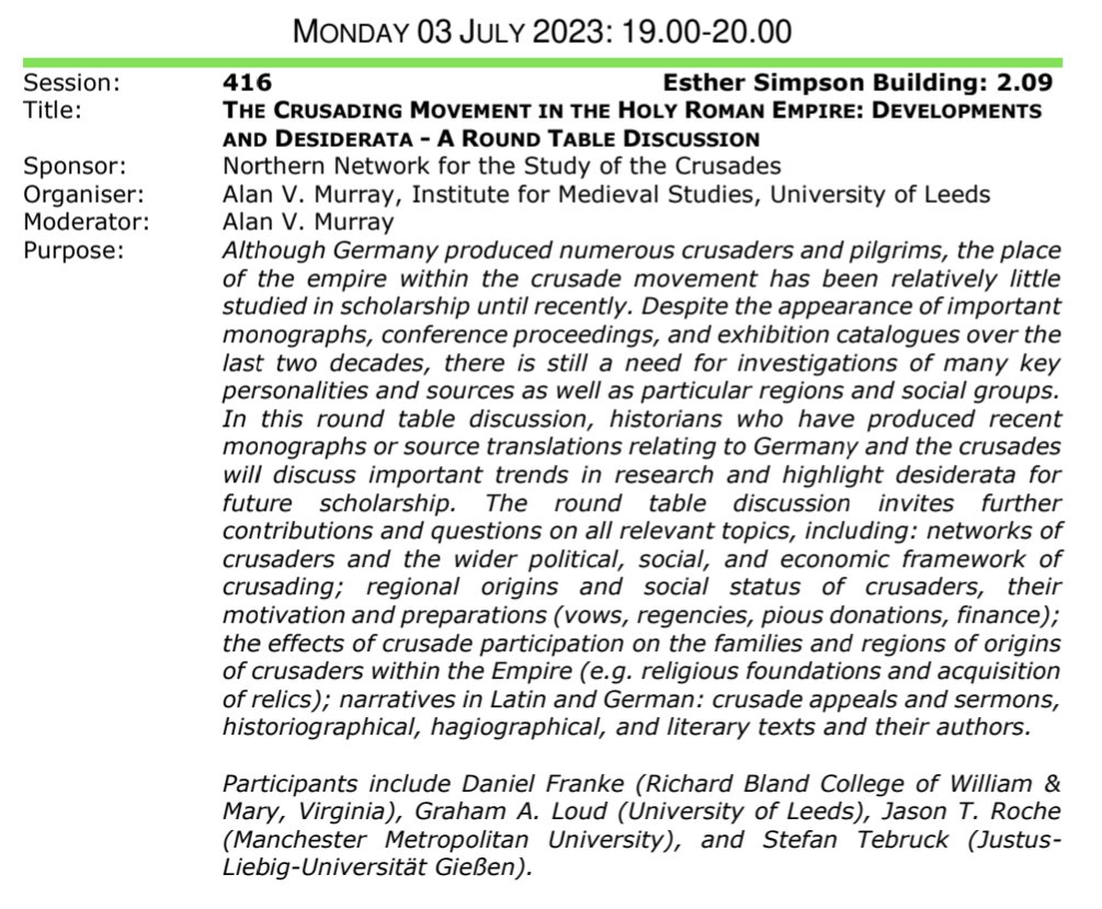 medievaldaniel's tweet photo. If you are going to #IMC2023 and are interested in the Holy Roman Empire and crusading, may I recommend this strand of Monday sessions? #s116 #s216 #s316 #s416 I'll be talking about networks, crusading, and patterns of military service under Frederick Barbarossa and Henry VI. https://t.co/Ch9UQbNygj