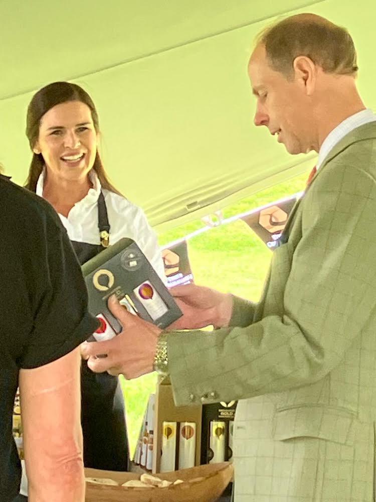 HRH spent some time speaking with each producer in depth, and we were delighted to pass on some gifts from our area. 

@TasteCauseway 
@broightergold
@ChocolateManor #Braemar @BasaltGin
