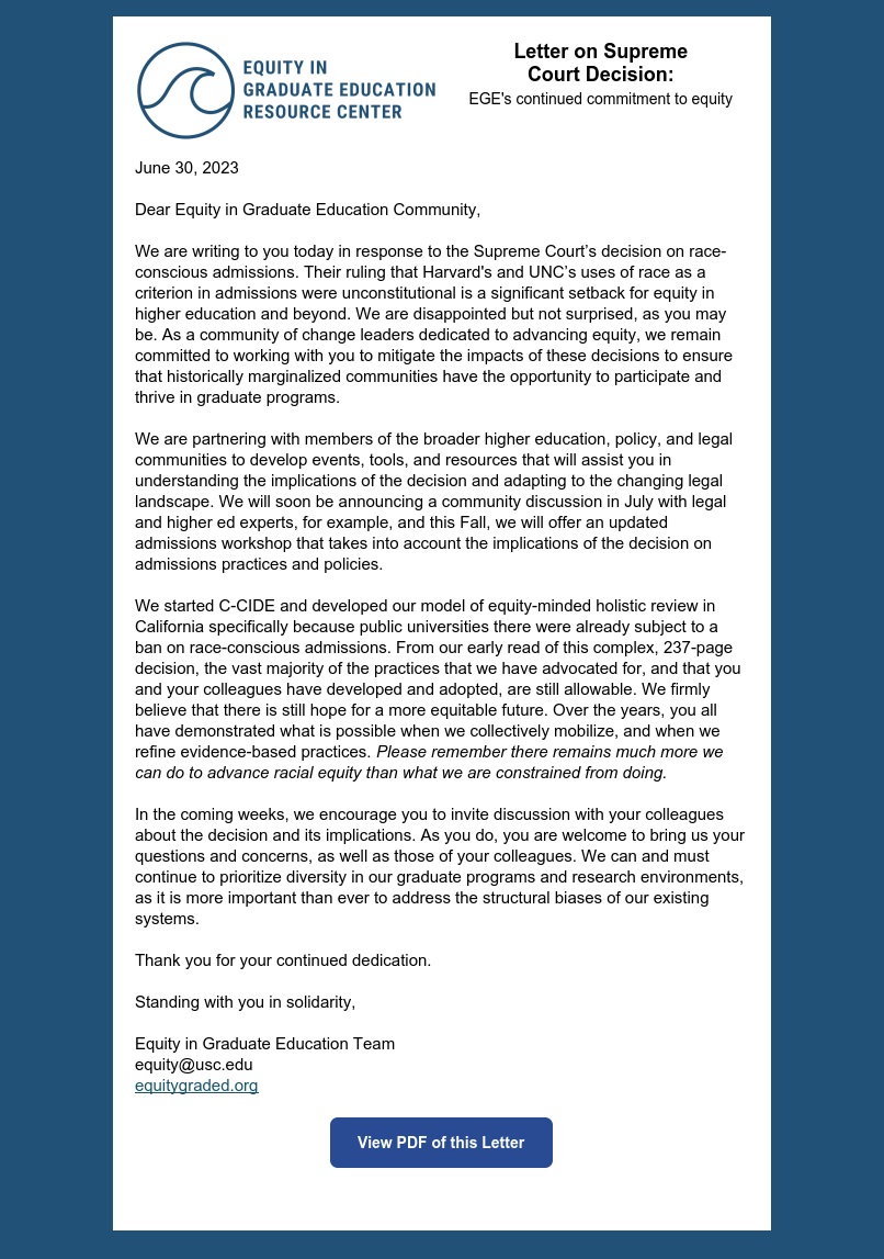 We know that many members of the Equity in Grad Ed community are processing SCOTUS' ruling on race conscious admissions.  Please see our response below equitygraded.org/wp-content/upl…