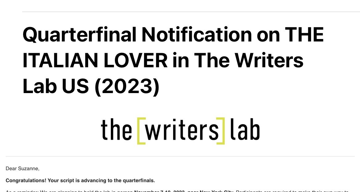 SuzanneGriffin1's tweet photo. Thrilled that my feature drama THE ITALIAN LOVER is now a Quarterfinalist - Thank you, ⁦@The_Writers_Lab⁩!!!  It means so much to me that this script which celebrates the power of women’s voices has received this honor. Congrats to all the writers!! 💜🎉 #thewriterslab https://t.co/rJrUJK0TcP