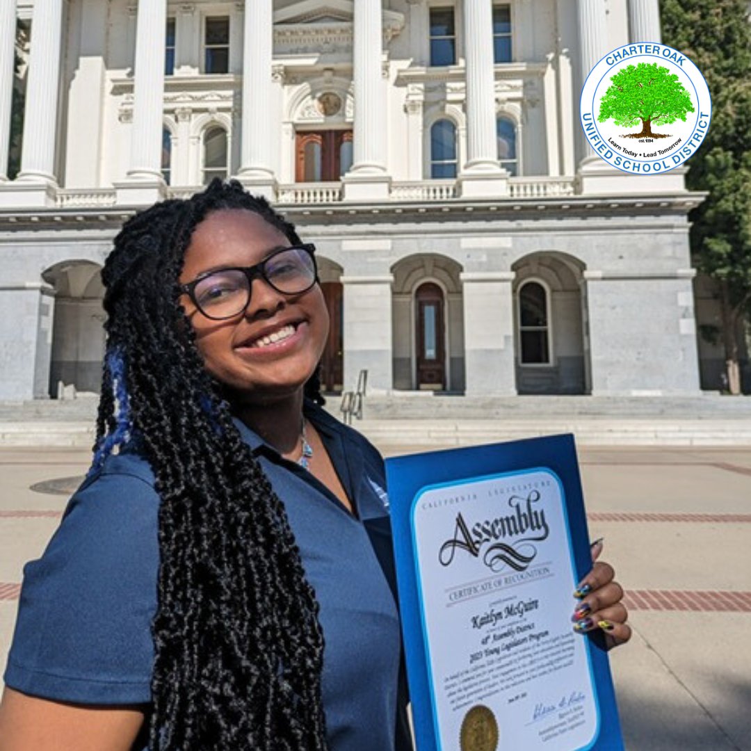 CharterOak_Dist's tweet photo. π Congrats to Kaitlyn McGuire for her participation in the #YoungLegislatorsProgram. As the daughter of our VP of the Board, Kristin McGuire, it's clear that brilliance runs in the family! We are so proud of you!
@SenSusanRubio
@AsmBlancaRubio
@CharterOakHigh
@COHSASB
#COUSD https://t.co/5Y2CYEMXRD