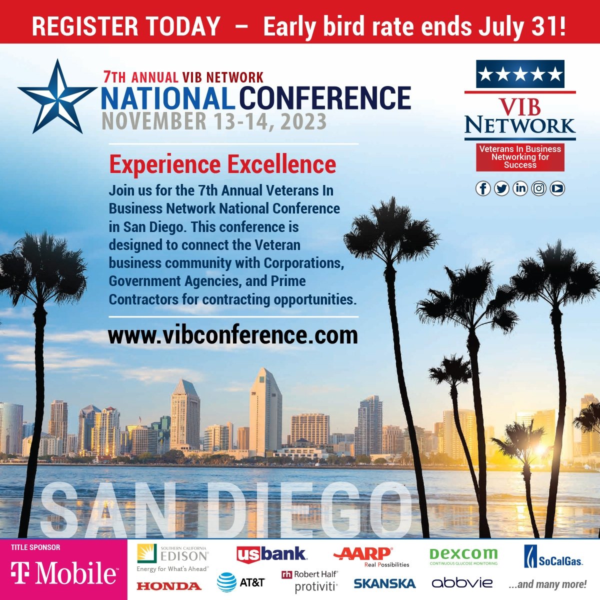 The countdown is on to $AVE. Register by July 31 for early bird rate and to guarantee your spot 4 Interactive Ice Breaker at the VIB National Conference in San Diego on November 13th and 14th.
 vibconference.com
#vibnetwork #business #veterans #network #2023vibconference