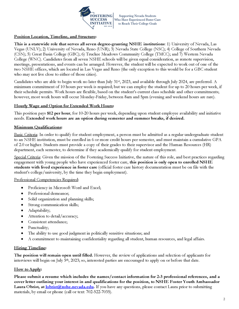 Incoming/current college students who have experienced foster care &amp; will be enrolled at a <a href="/NSHE/">Nevada System of Higher Education</a> college/university, at least part time, in Fall '23/Spring '24: APPLY NOW for the part-time 2023-24 Peer and Community Educator role! Flexible schedule, at $12/hr, for 10-20 hrs/week!