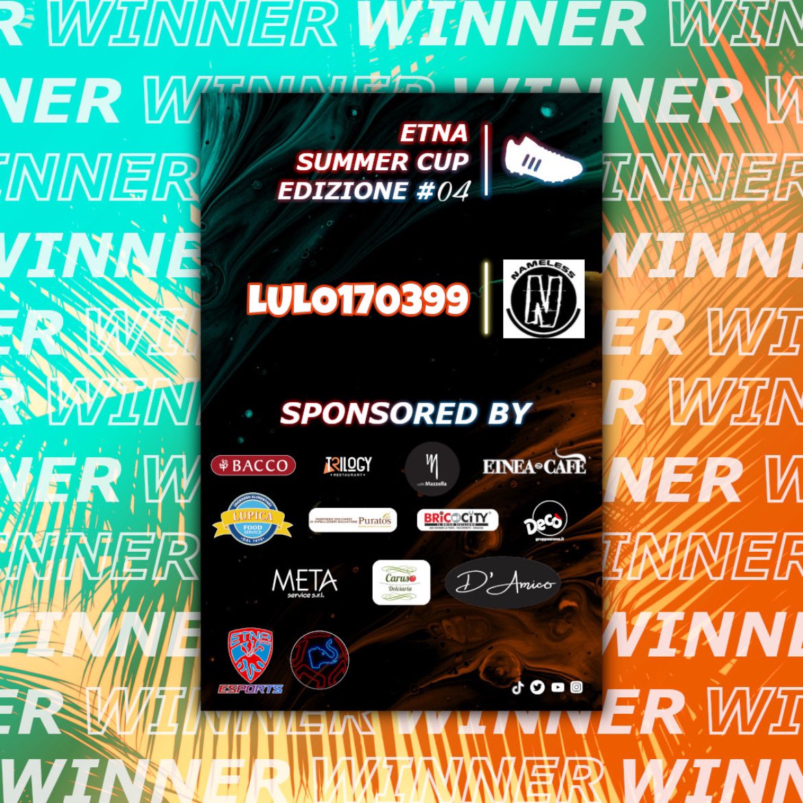 Complimenti ai Nameless <a href="/Alecs__10/">zAleks</a> per la vittoria della quarta edizione della Etna Summer Cup!
Complimenti anche a <a href="/laporta_luigi/">luigi laporta</a> per essersi aggiudicato il capocannoniere delle fasi finali! 
<a href="/RTproclub/">𝚁𝚃𝚙𝚛𝚘𝚌𝚕𝚞𝚋</a> @RT_NoLimits <a href="/ProClubRTutto/">RTutto 🔁</a> <a href="/RTProClubs/">RTProClubs</a> <a href="/NewsProclub/">News Proclub</a> <a href="/pctransfermarkt/">🇮🇹 PRO CLUBS TRANSFERMARKT🔍</a>