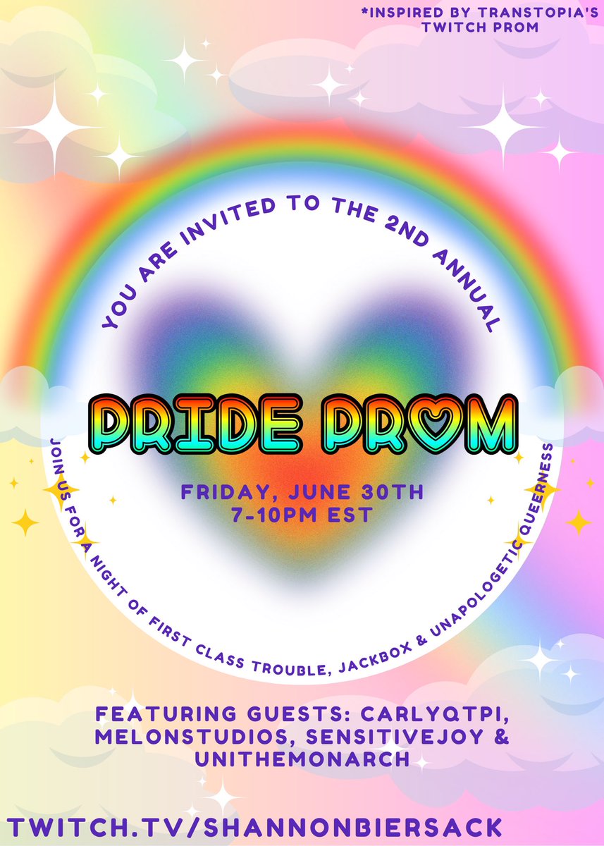I am LIVE! It is time for our 2nd annual Pride Prom! We’ll be playing @1stClassTrouble (& giving away DLC keys!), crowing Pride Prom Royalty, Jackbox and vibing! ((Also still raising money for Trans Lifeline!))