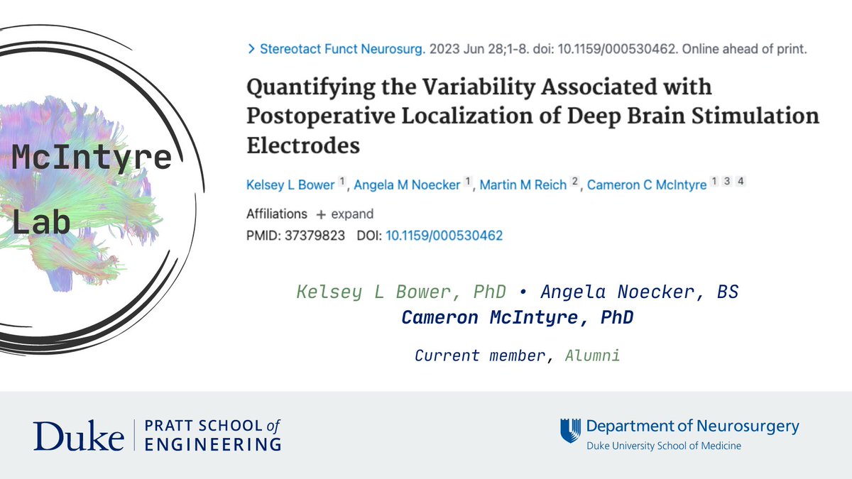 The McIntyre Lab (@mcintyredbslab) on Twitter photo #PaperAlert!
McIntyre Lab alumna Kelsey Bower just published another awesome paper in <a href="/ASSFNeurosurg/">ASSFN</a> quantifying variability associated with postop localization in #DeepBrainStimulation!
Check it out here: pubmed.ncbi.nlm.nih.gov/37379823/
<a href="/Dukeneurosurg/">Duke Neurosurgery</a>, <a href="/DukeUBME/">Duke Biomedical Engineering</a> #PaperAlert!
McIntyre Lab alumna Kelsey Bower just published another awesome paper in <a href="/ASSFNeurosurg/">ASSFN</a> quantifying variability associated with postop localization in #DeepBrainStimulation!
Check it out here: pubmed.ncbi.nlm.nih.gov/37379823/
<a href="/Dukeneurosurg/">Duke Neurosurgery</a>, <a href="/DukeUBME/">Duke Biomedical Engineering</a>