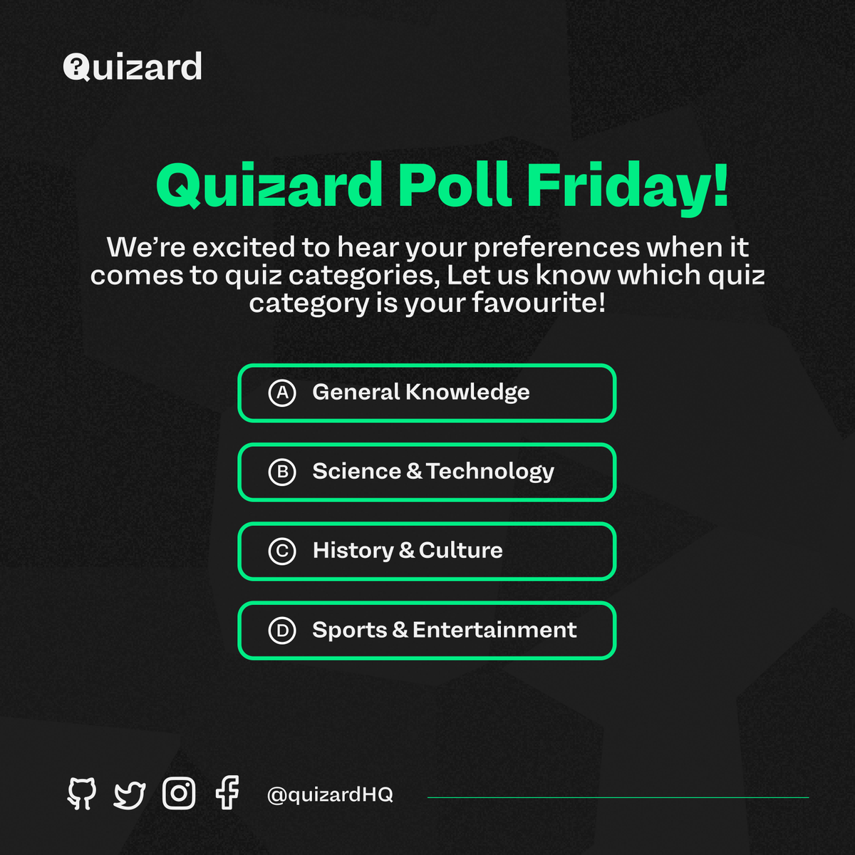 QuizardHQ's tweet photo. Welcome to "Quizard Poll Friday!" 📣
We're excited to hear your preferences when it comes to quiz categories. Let us know which quiz category is your favorite. Here are the options:

🔵 General Knowledge
🔴 Science and Technology
🟢 History and Culture
🟠 Sports and Entertainment https://t.co/PmyqZmY51K