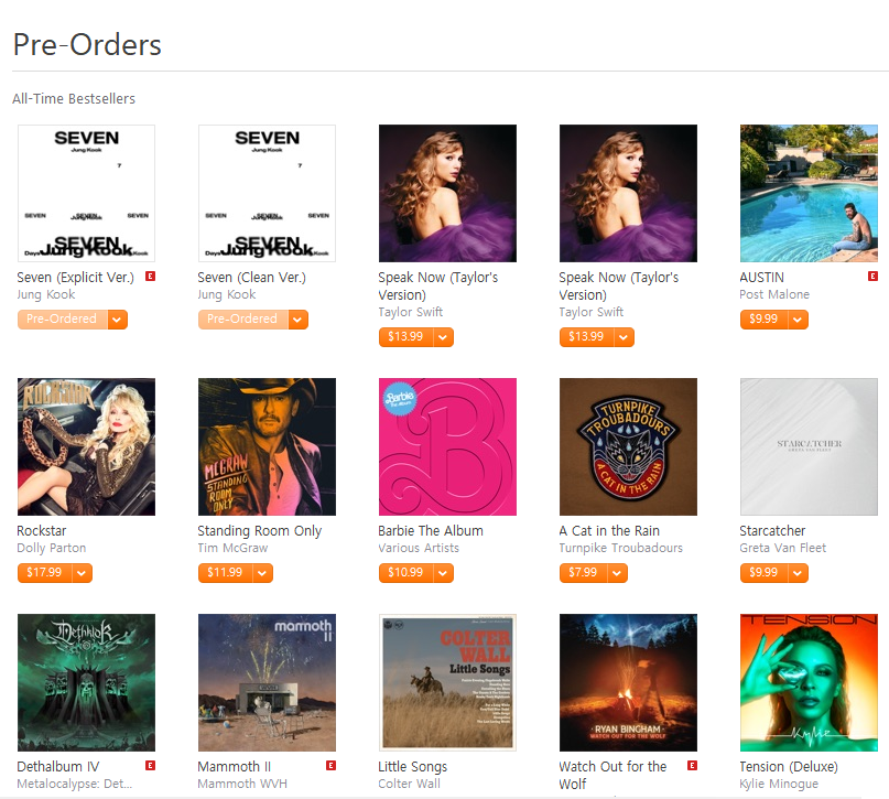 ughmane's tweet photo. Both Pre-Order versions [Explicit &amp; Clean] of "Seven" by Jungkook of @BTS_twt are currently ranking on the Top Two spots of All-Time Bestsellers on US iTunes. https://t.co/pXKNp1cV7G