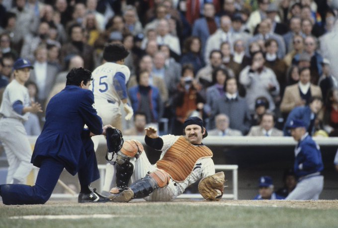 baseballinpix's tweet photo. Thurman Munson after a play at the plate in game 5 of the 1978 World Series https://t.co/k1tWGxmKZj