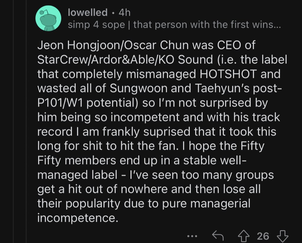 you tell me fifty fifty’s current ceo is the same dude that managed hotshot??? lmao no wonder fifi is in this situation rn. imo this is the worst news to come out.

hotshot had some of the most talented idols but the group was TOTALLY mismanaged.

let me tell you how bad it was