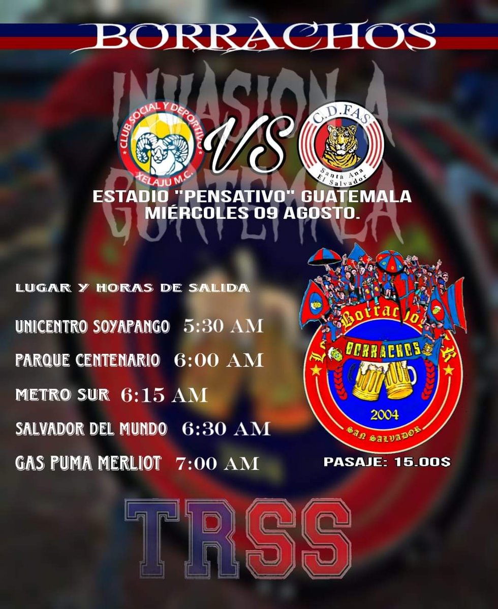 _LB94's tweet photo. BORRACHOS TURBA ROJA🍻
TRSS 🔵🔴

INVASIÓN A GUATEMALA🚌🔴🔵🇬🇹

Deportivo XELAJÚ🐏 vrs CD FAS🐯
 🏟  Estadio Pensativo, Antigua Guatemala . 
 ⏰  6:00pm  
 🎟  por confirmar . 
 🗓  miércoles, 9 de agosto 
🚌   Pasaje de trasporte $15
Confirmar asistencia para el viaje. https://t.co/vOyaapBW9w