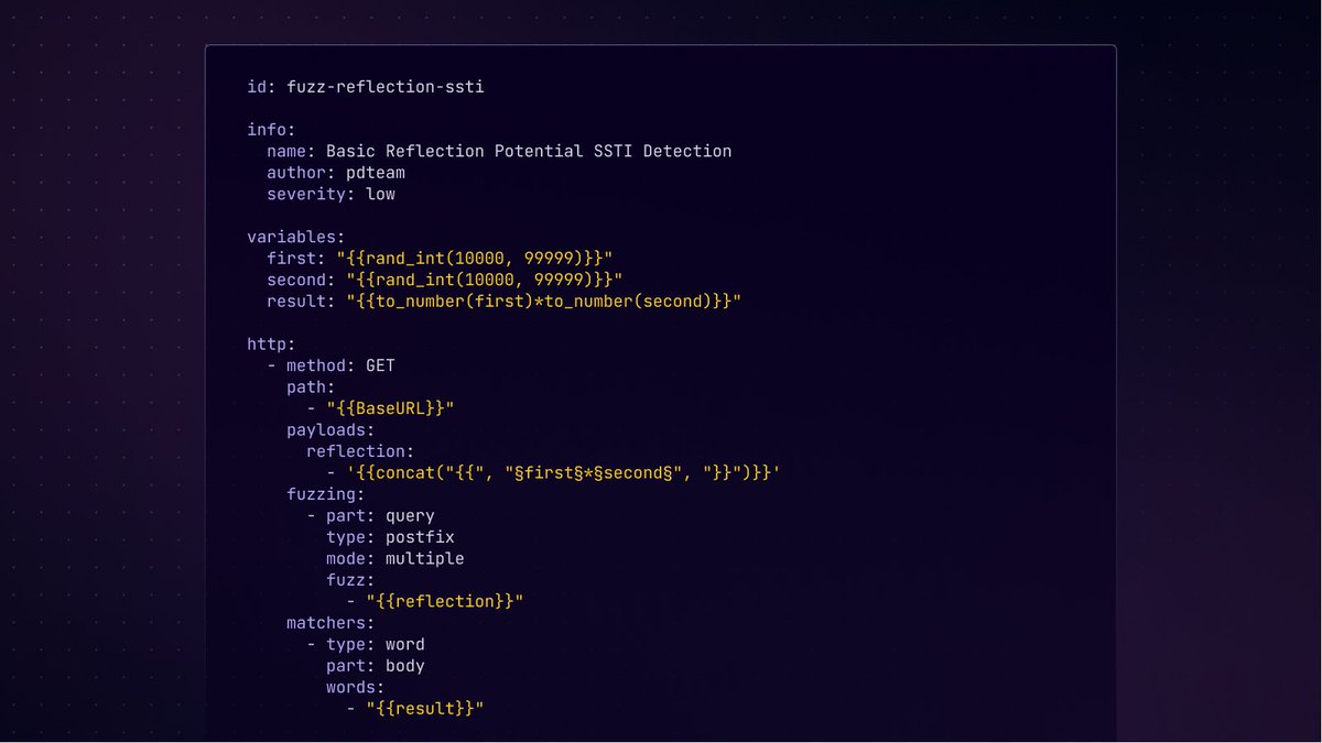pdnuclei's tweet photo. HTTP Fuzzing Example SSTI Template 🚀

⚛️ Craft tailored HTTP requests to uncover common web vulnerabilities like SQLi, SSRF, SSTI, and more.

No prior knowledge of the target needed! 😱

Head to our docs for more info 👇
🔗 https://t.co/I4C4C4JVfs https://t.co/yzGCIggixk