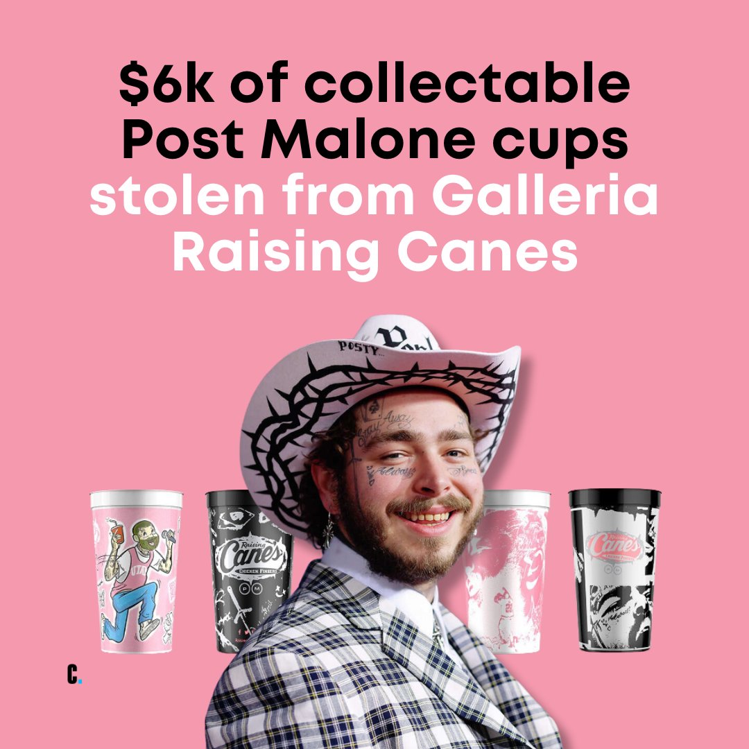 Hundreds of collectible plastic cups designed by Dallas rapper Post Malone were apparently stolen last week from a Galleria-area Raising Cane's restaurant.

And they stole a couple of other items. Read the full story here: https://t.co/Y5Ll3DHCHk https://t.co/ZFRGPgS01T