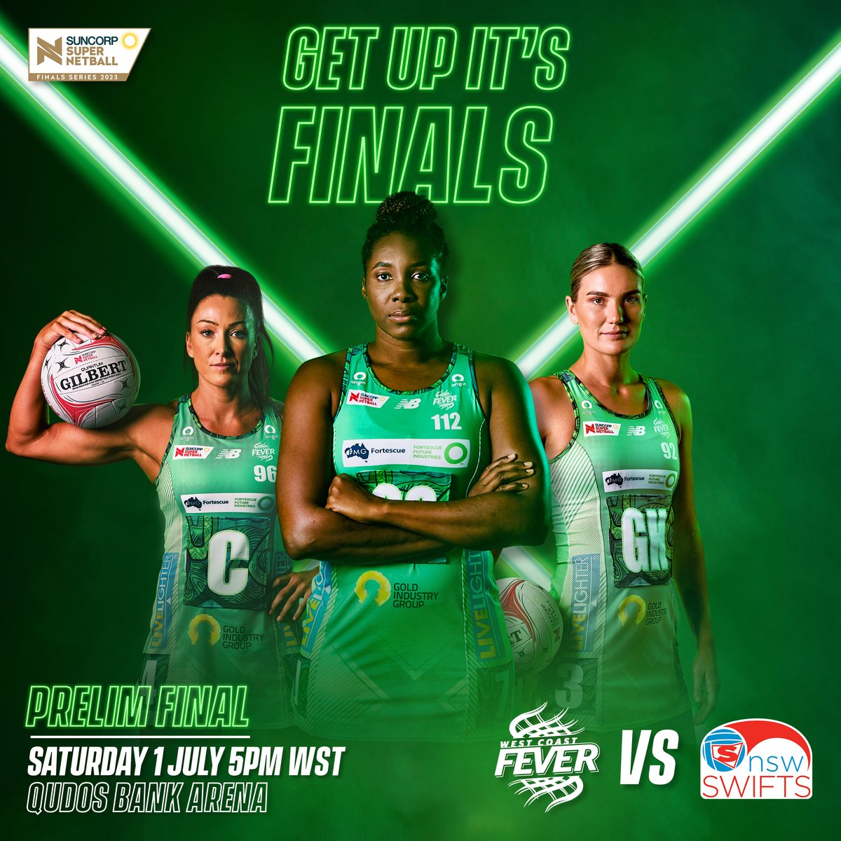 🟢GET UP! IT’S A PRELIMINARY FINAL! 🟢 🆚 NSW Swifts ⌚Centre Pass 5pm 📍Qudos Bank Arena 📺 𝑳𝑰𝑽𝑬 & 𝑭𝑹𝑬𝑬 👉 hubs.la/Q01Wbz630 #GREENARMY #SWIvFEV